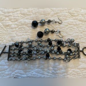 Silver and black beaded bracelet and earring set